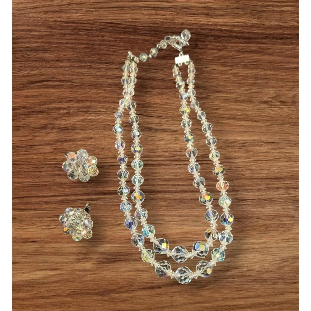 Vintage Aurora Borealis Crystal Necklace Clip-On Earring Set Double Strand Beads